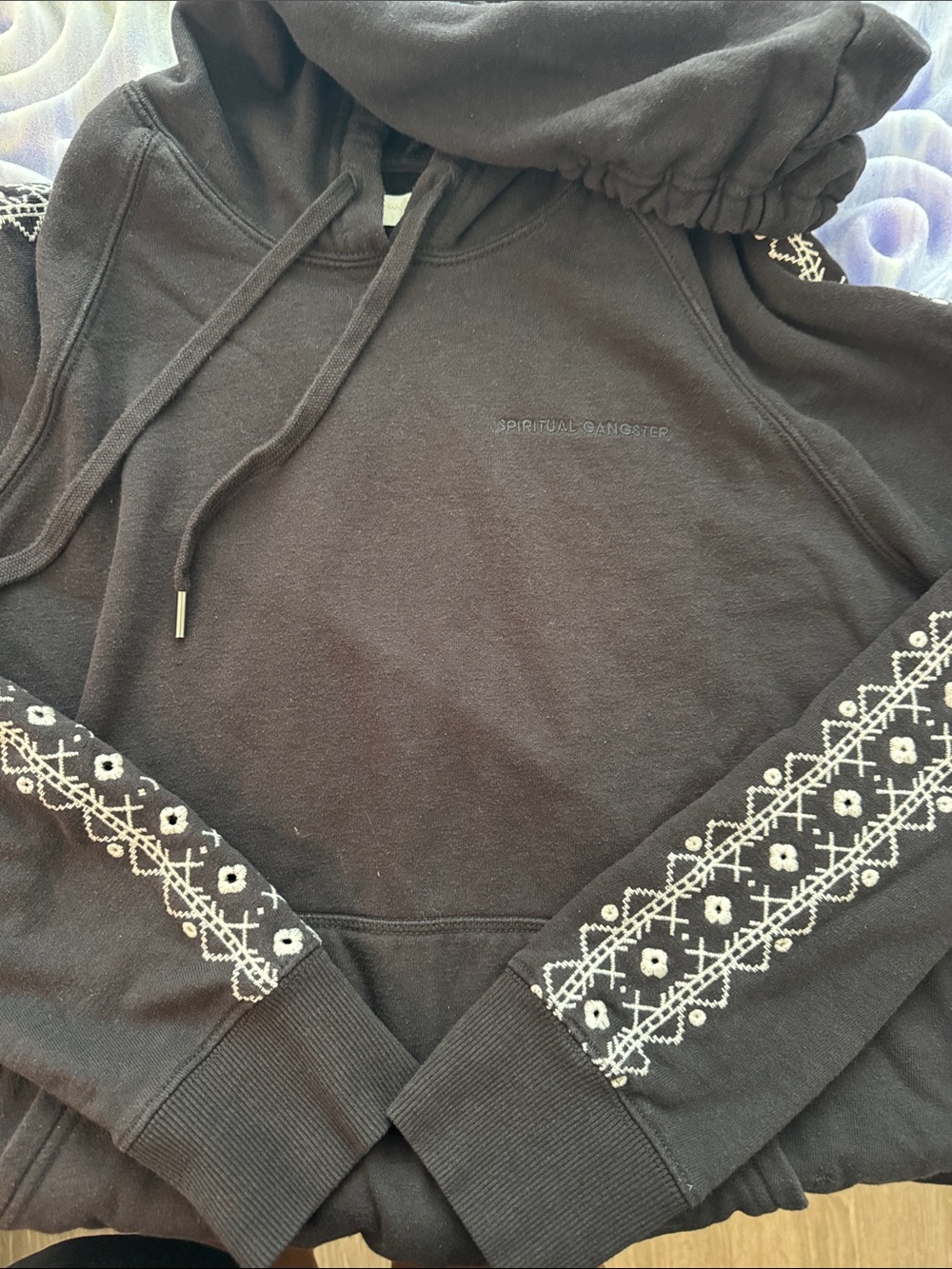 Spiritual Gangster Black Hoodie with White Sleeve Embroidery